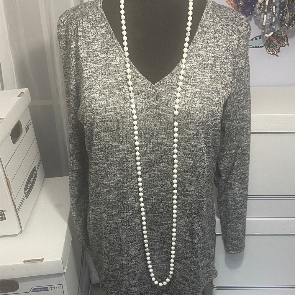 Long stone White Beaded Necklace individually knotted. Stone beads are wht/gry